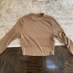 Free People Ribbed Cropped Long Sleeve Top in Camel